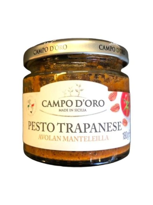 Pesto Trapanese manteleilla 180 g Punainen pesto jonka taytelainen maku syntyy aurinkokuivattujen tomaattien, manteleiden ja