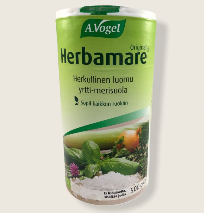 Herbamare yrttisuola 500 g Herbamare on maukas, runsasarominen luomuyrttisuola, joka sopii lahes kaikkeen ruoanlaittoon.