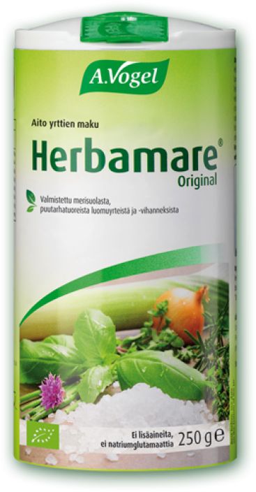 Herbamare - luomuyrttimerisuola 250 g Herbamare on maukas, runsasarominen luomuyrttisuola, joka sopii lahes kaikkeen